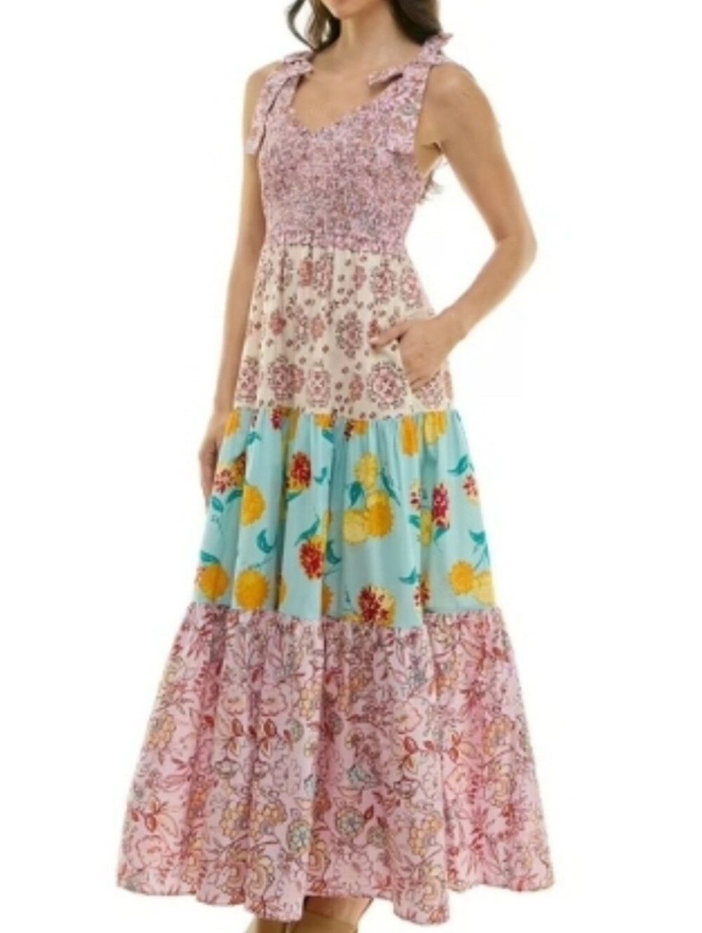 NANETTE LEPORE PLAY 100% COTTON LRG TIERED MAXI SMOCKED ADJ STRAPS FLORAL BOWS - Picture 10 of 11